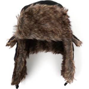 A waterproof trapper hat in black with brown faux fur lining. Features earflaps and a branding logo.