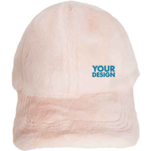 A pale pink faux fur baseball cap with a flat brim and a logo.
