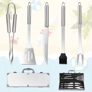 A barbecue tool set featuring six stainless steel utensils, including tongs, a spatula, knife, brush, and fork, in an aluminium case.