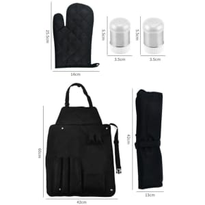 A black BBQ apron, oven mitt, and two seasoning shakers, featuring a logo. The apron has pockets and straps.