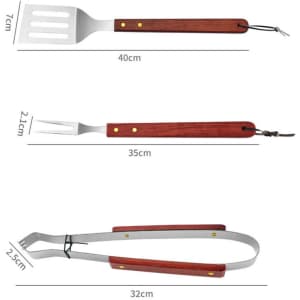 BBQ utensil set featuring a spatula, fork, and tongs with wooden handles and stainless steel craftsmanship.
