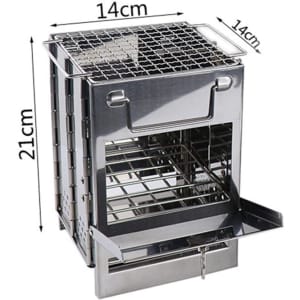 A foldable stainless steel wood burning fire pit in silver, featuring a grill top and slide-out ash tray. Dimensions included.