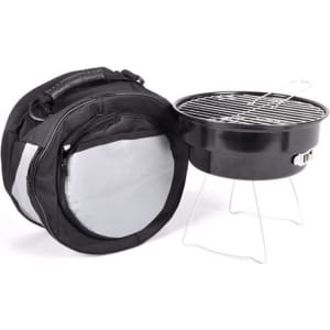 A portable grill in black with a cooler bag in grey and black. The grill includes a removable cooking grate.