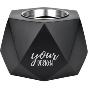 A black portable mini fire pit with a geometric design and a space for custom branding.