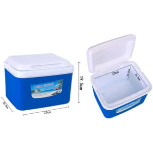 A blue 5-quart cooler box with a white lid, featuring an interior container for storage. It has a logo.