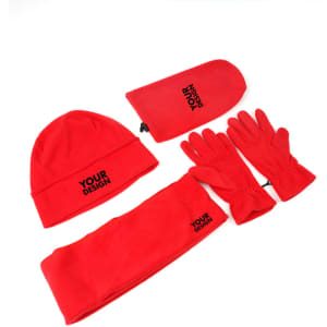 A red fleece winter set featuring a beanie, scarf, gloves, and a drawstring pouch, with branding.