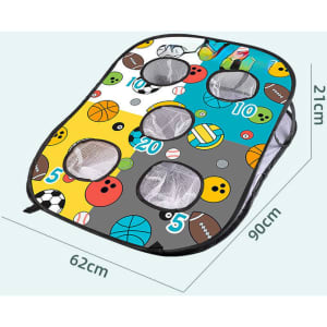 A portable cornhole game set featuring a multi-coloured design with five open holes for scoring.