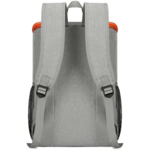 A grey insulated backpack featuring orange accents, adjustable straps, and side mesh pockets. It has a logo.
