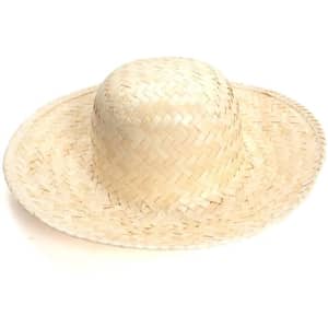 A wide-brimmed straw Panama hat, featuring a natural tan colour and a simple woven design.