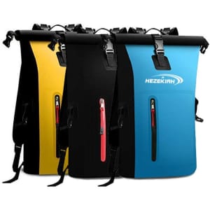 Three waterproof roll top bags in yellow, black, and blue, each featuring a zippered pocket and a logo.