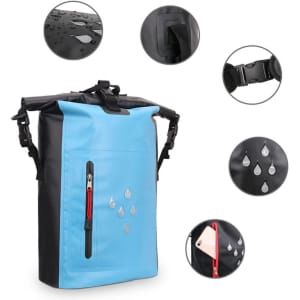A waterproof roll top bag in blue and black, featuring a zippered pocket and adjustable straps, with a logo.
