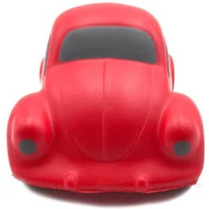 A red PU foam stress toy shaped like a classic car, featuring black windows and smooth contours.