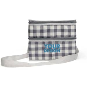 A grey and white checkered thermal insulated lunch bag with a strap and two compartments. It features a custom design area.