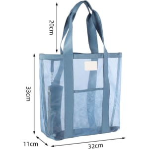 A large capacity clear mesh tote bag in light blue, featuring sturdy straps and a zippered pocket.
