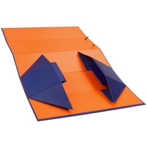 A foldable wine gift box in vibrant orange and blue, featuring a sleek design and a logo.