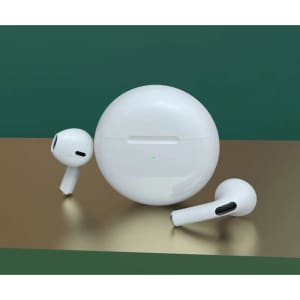 Wireless earphones in white with a charging case, featuring a sleek design and a small logo.