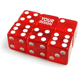 A set of six-sided dice in bright red with white dots, featuring a space for custom design.