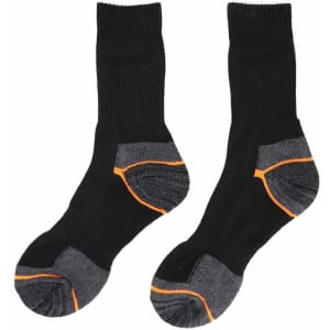 Black recycled cotton stretch terry socks with grey and orange detailing. Features a logo on the side.