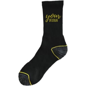 Black socks with a yellow design, featuring a terry sole and contrasting grey heel and toe. Includes a logo.