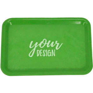 A green biodegradable plastic cigarette tray featuring a textured surface with a branding logo.