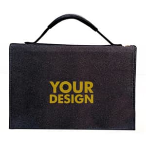 A black foldable portable solar panel with a carrying handle and space for custom branding.