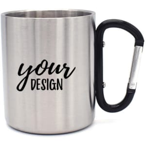 A stainless steel camping mug with a black carabiner handle and a design area for custom graphics.