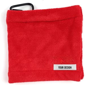 A red golf ball cleaning towel with a carabiner, featuring a placeholder for custom design.