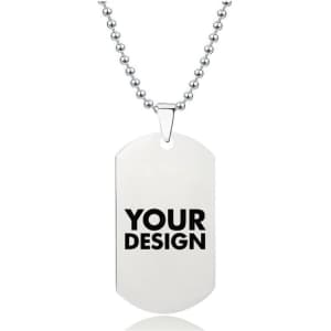 A silver dog tag pendant necklace on a ball chain, featuring a customizable design area.