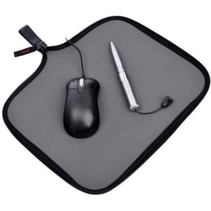A grey neoprene mouse storage bag containing a black mouse and a silver pen, with a zip closure.