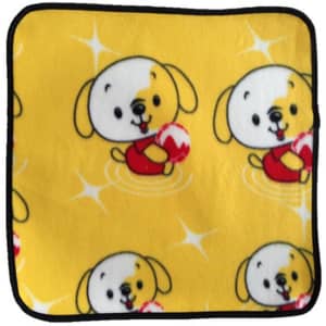 A yellow picnic seat mat featuring a playful pattern of dogs holding balls, edged in black.