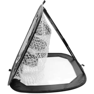 A portable pop-up golf chipping net with a black frame and white netting, designed for easy setup and storage.