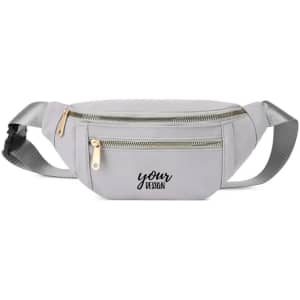 A grey multi-layer waist bag featuring two zippered compartments and a strap, with a logo on the front.