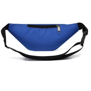 A blue waterproof fanny pack with a black strap and a front zip pocket, featuring a logo.
