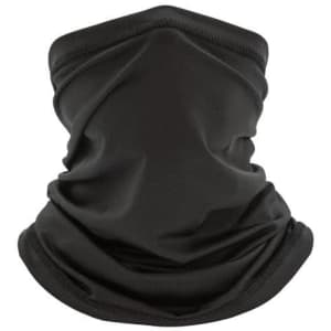 A black ice silk sports bandana with a smooth, stretchy fabric and an elasticated edge. It features a logo.