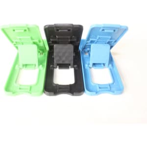 A trio of adjustable desktop phone stands in green, black, and blue, featuring sleek designs and a logo.