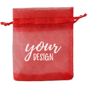 A red organza gift bag with a drawstring closure, featuring a logo and a customizable design area.