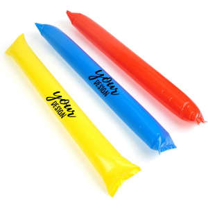 Three inflatable cheering sticks in yellow, blue, and red with a space for custom design.