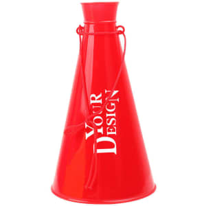 A red plastic cheering horn with a string, featuring a space for custom design.