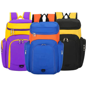 A backpack with a ball compartment featuring purple, blue, orange, and black colours, with multiple zippered sections and pockets.