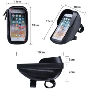 A black waterproof bike handlebar bag with a transparent top for phone display, featuring a logo and adjustable straps.