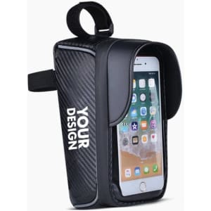 A black touchscreen bicycle front frame bag with a transparent phone pocket and a logo.