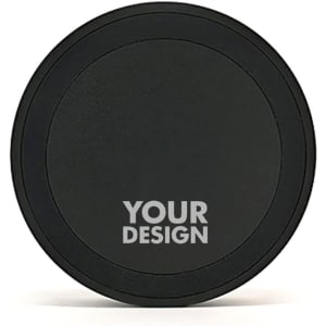 A wireless charger in matte black, featuring a circular design and a space for custom branding.