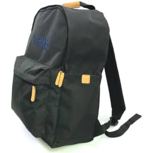 A black RPET Oxford cloth backpack with a front pocket and tan accents, featuring a logo.