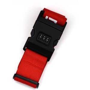 A red luggage strap with a black password lock and a small keypad for secure fastening.