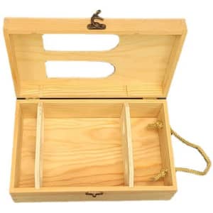 A wooden double wine bottle gift box in natural colour, featuring compartments and a decorative clasp.
