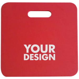 A red EVA foam stadium seat cushion with a handle and a logo. Suitable for outdoor leisure activities.