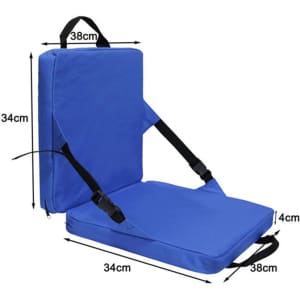 A blue stadium seat cushion with back support and adjustable straps, measuring 38cm by 34cm.