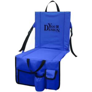 A blue folding stadium seat cushion with adjustable straps, featuring pockets for storage and an area for custom design.