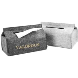 Two RPET felt tissue storage boxes in grey tones, one with a logo, featuring an open slot for tissues.