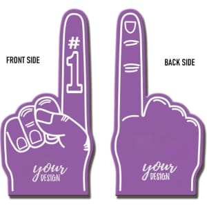 A purple EVA foam cheering glove shaped like a hand with one finger raised. It has a logo and space for customisation.